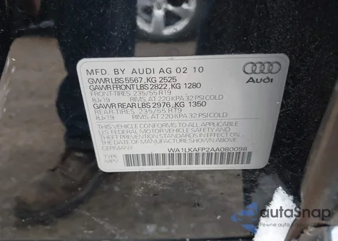 2010 Audi Q5 3.2 Premium из США, поврежденный, VIN WA1LKAFP2AA080098